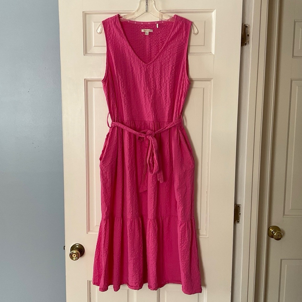 Barbour Sea Daisy Dress Begonia Pink Midi Textured Seersucker US Size 10 Preppy